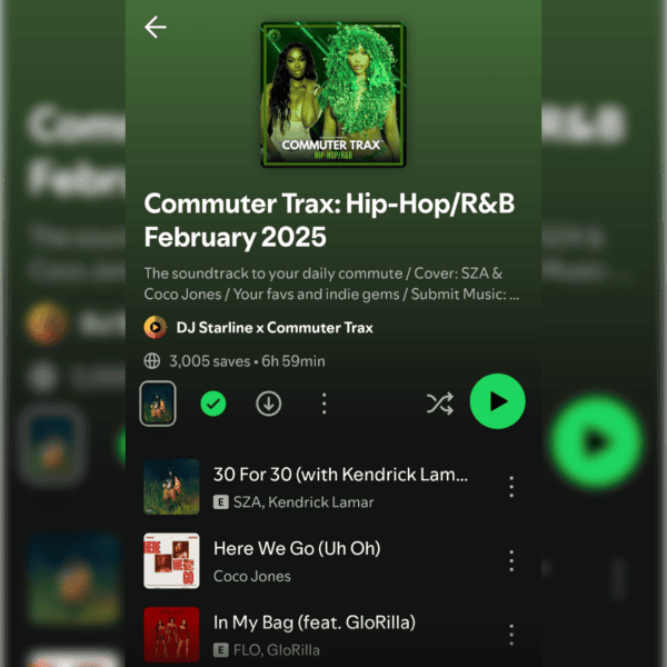 A screenshot of the February 2025 Commuter Trax: Hip-Hop/R&B playlist.