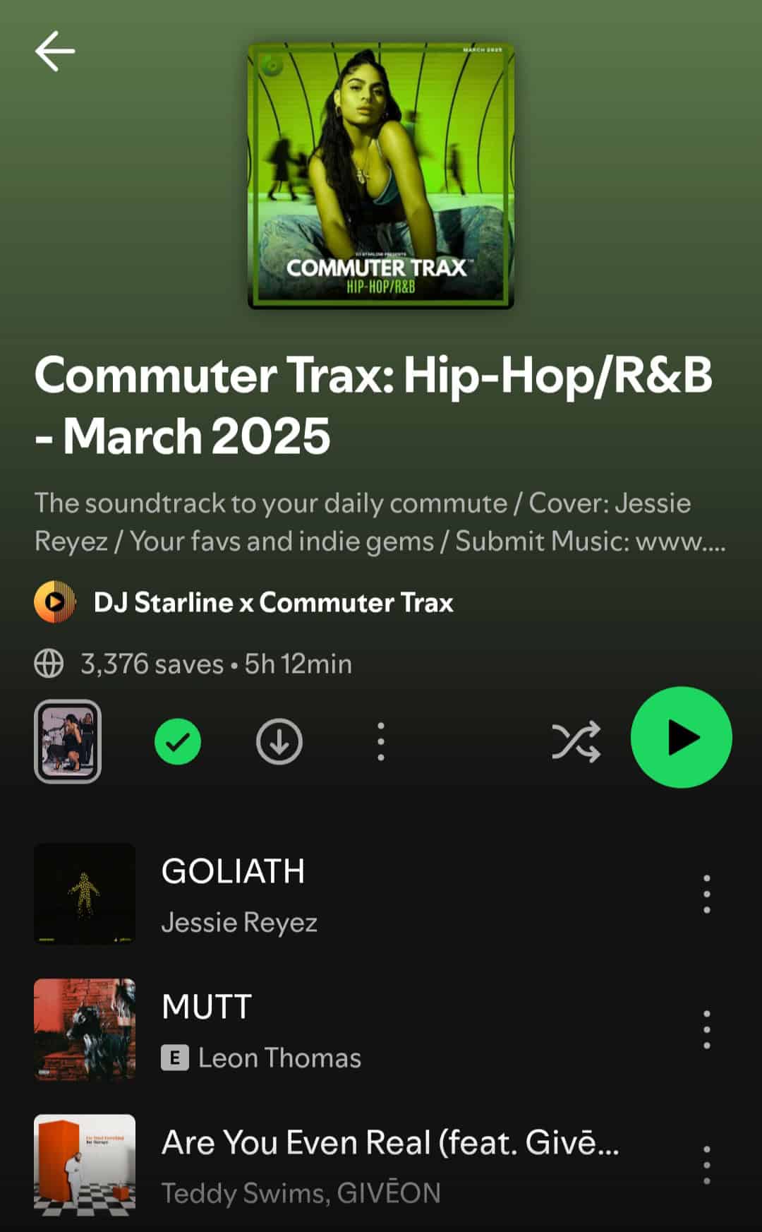 A screenshot of the Commuter Trax: Hip-Hop/R&B playlist for the month of March.