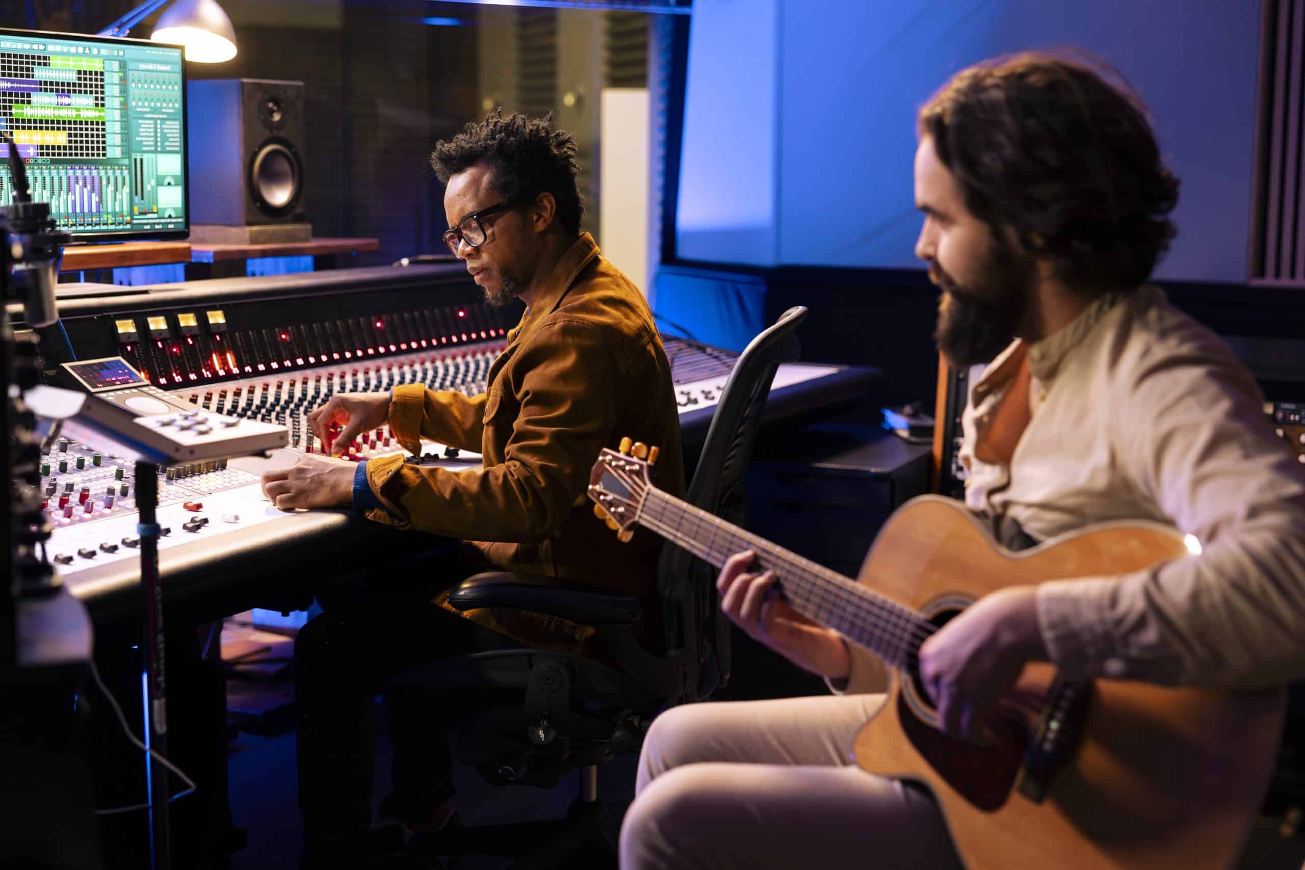 Composer playing a new hit song on his guitar in studio control room
