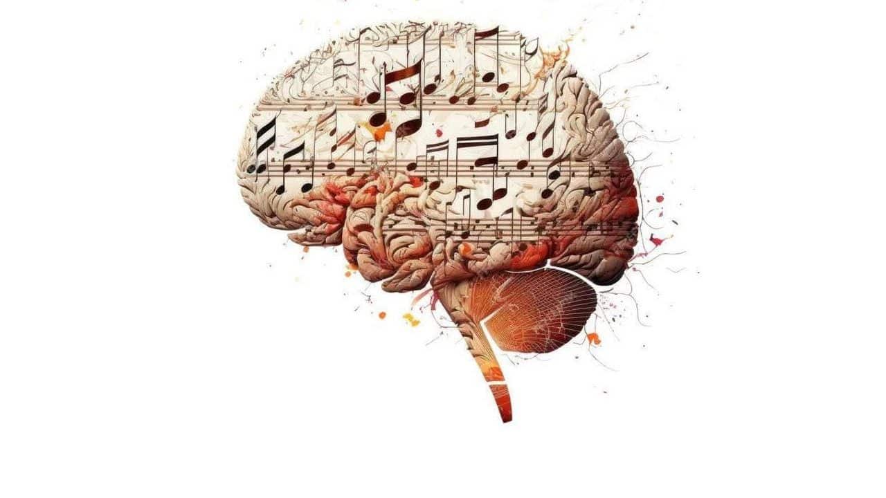 Image of a Brain with Musical visuals around it. Used on the CTX COnnect article on "Mental Health in the Music Industry: The Silent Struggle"