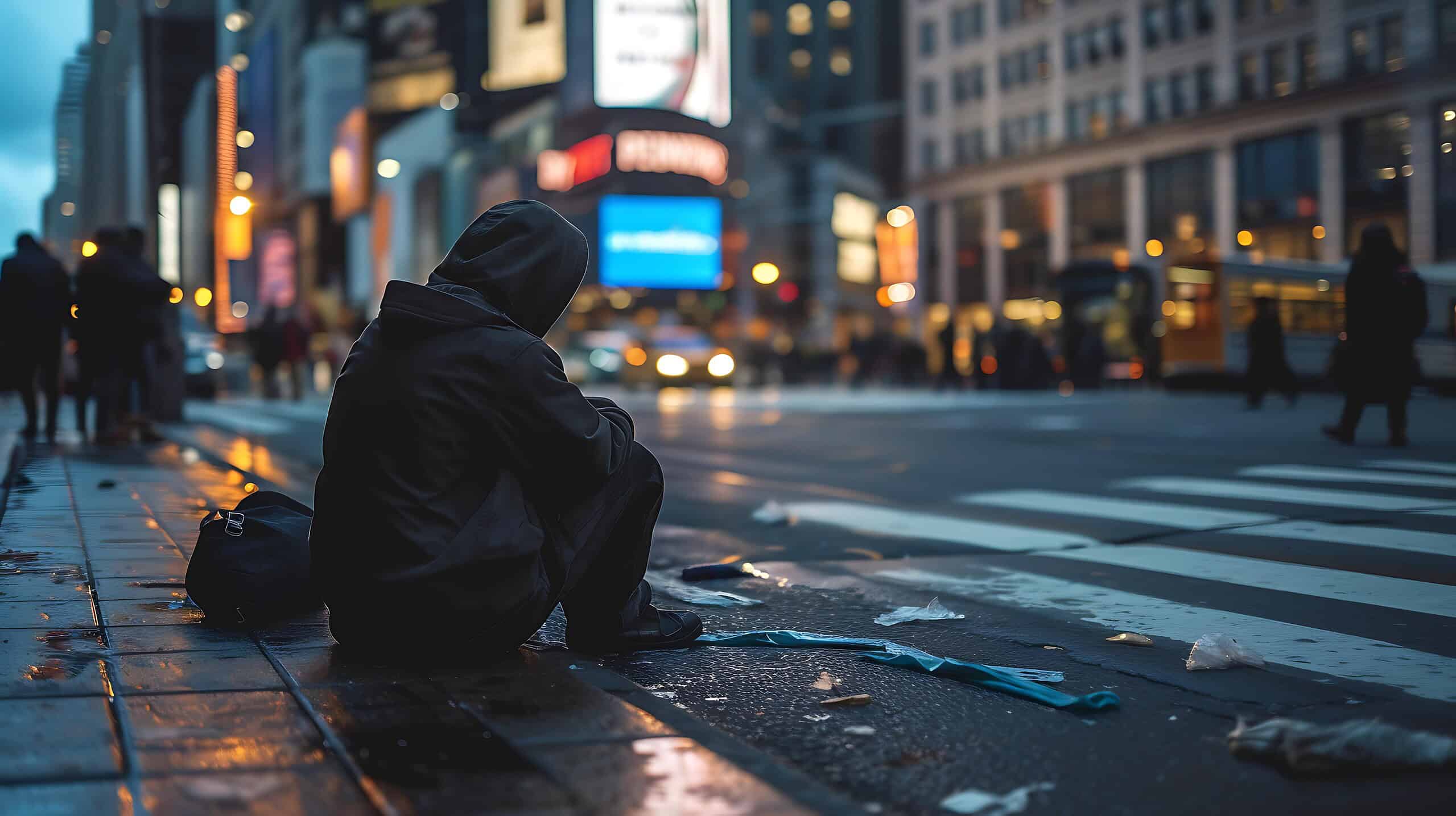 homeless person huddled on city street corner