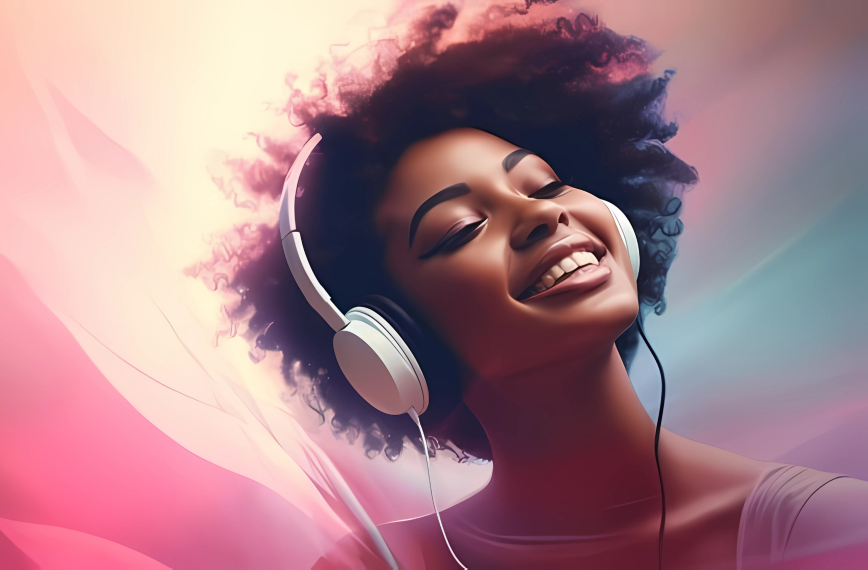A woman with headphones on and smiling