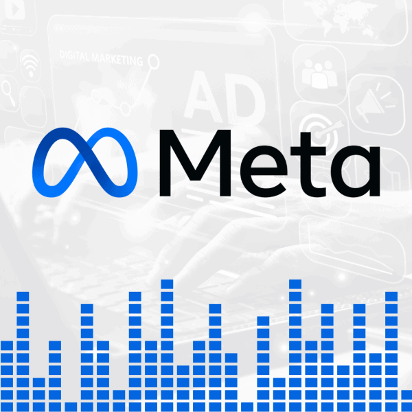 Meta logo with music sound bars and social media ad campaign optimization in the background