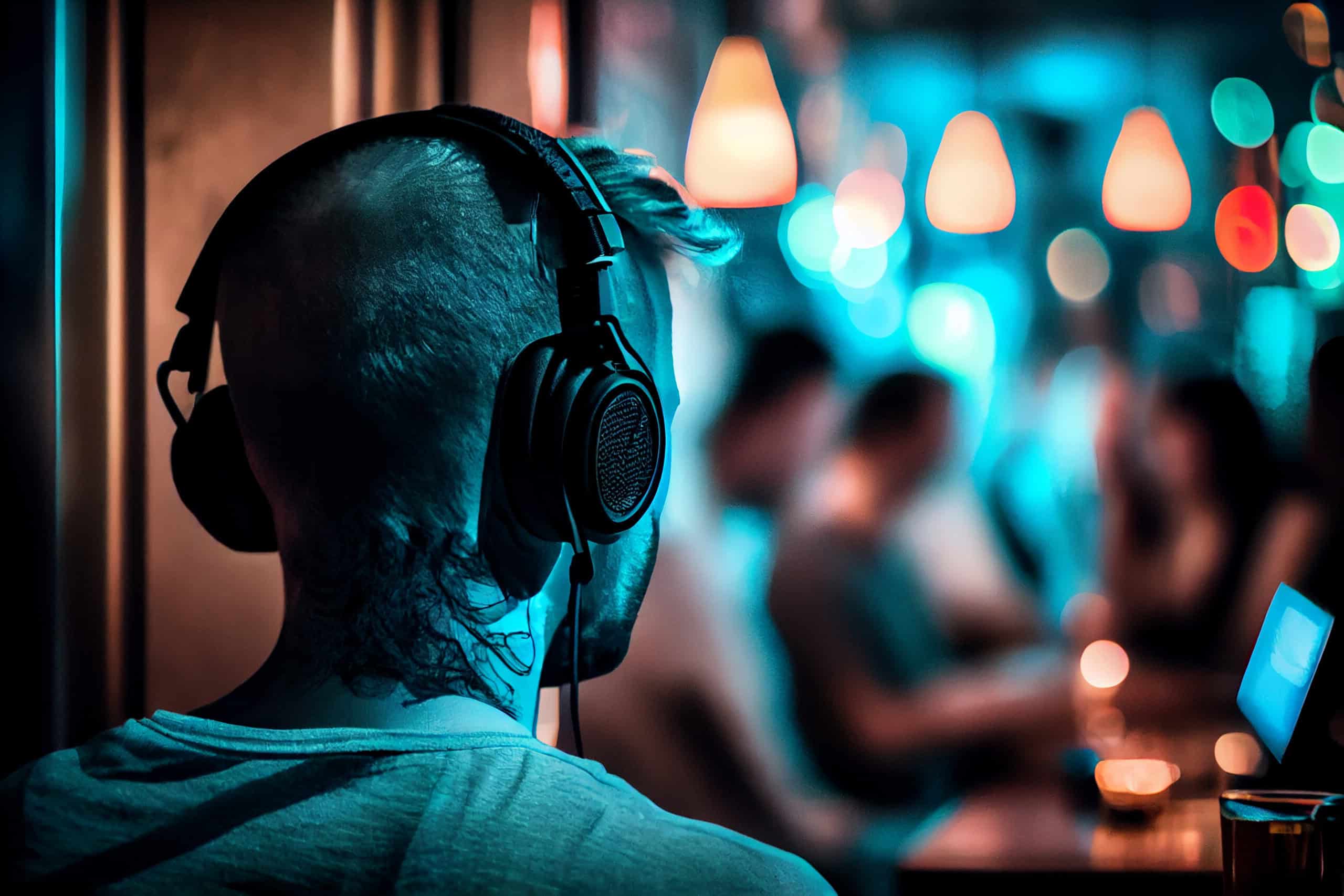 Young man at an airport lounge listening to music while he commute home.