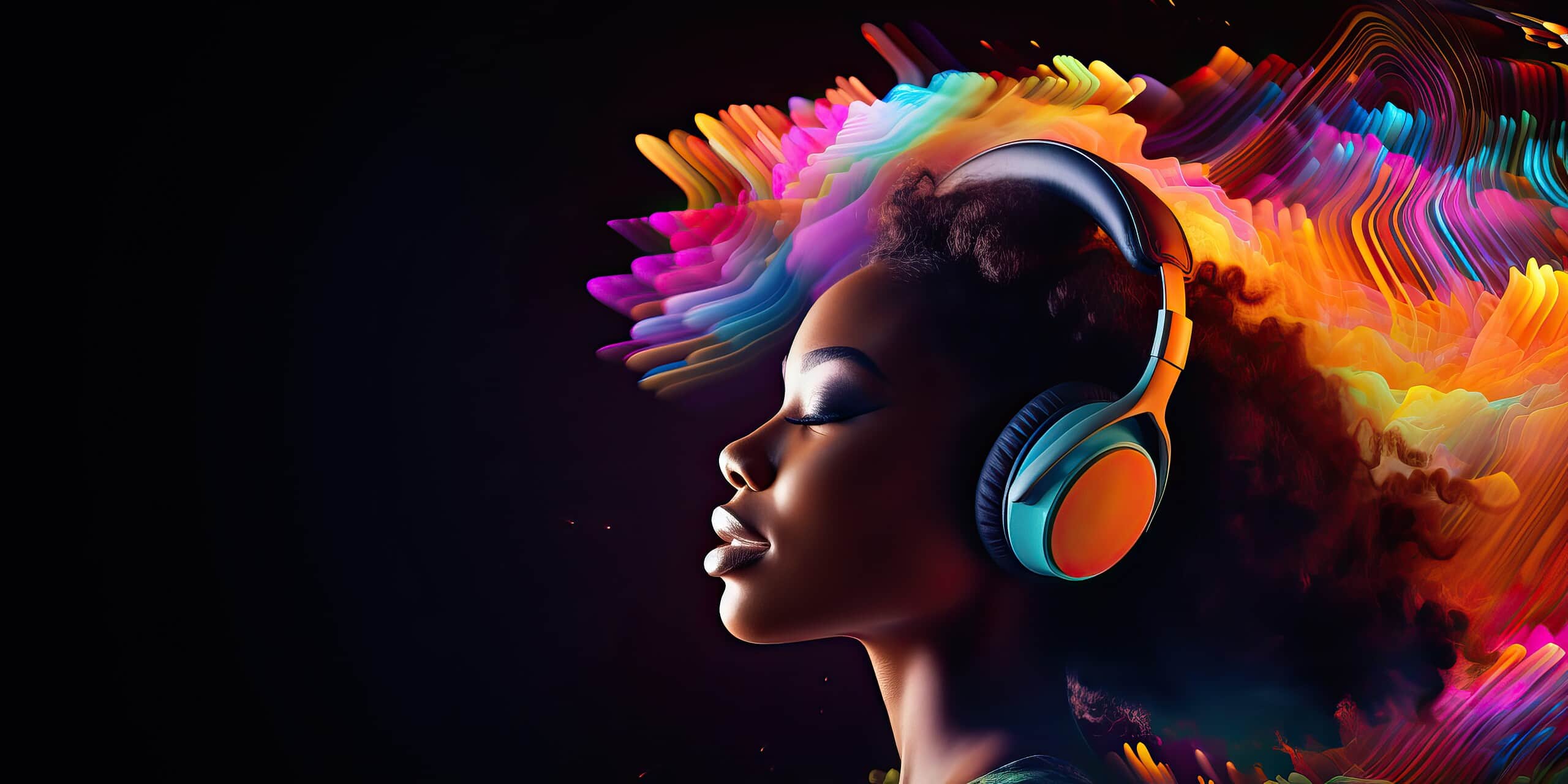 African woman wearing headphones, enjoying music beats, feeling emotions in vibrant color pulse